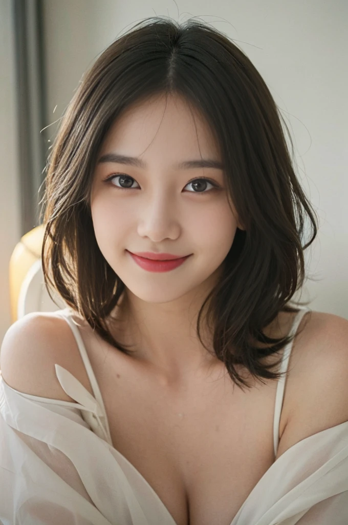 incredibly absurd, beautiful and cute 20-year-old Korean girl with a photorealistic face, showcasing top-quality craftsmanship. Her slender frame adorned with short, messy hair. The artwork high-resolution, allowing for ultra-detailed features to be captured flawlessly. The focus lies on the realistic pupils, showcasing depth and emotion. ((breasts out)) cute smile.