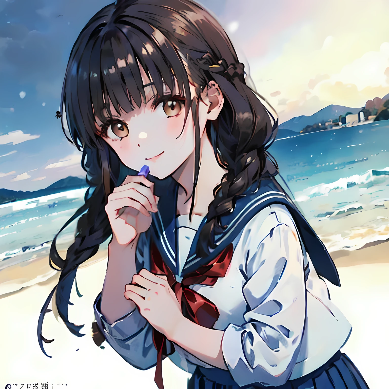highest quality, (masterpiece:1.2), High resolution, perfect pixel, One long and so beautiful straight haired , 16 years old, (((big very detailed beautiful dark brown eyes))), ((((Winter sailor suit with navy blue top and skirt)))), ((very lovely & large & wide ribbon barrette)), ((((very beautiful long straight straight hair)))), ((Blue ribbon on the chest)), (((face up))), ((Smiling at the audience)), Very fun, Very happy, mouth is open, the long skirt is so cute, detailed fingers, modest chest, ((curled bangs)), ((Lip balm)), so beautiful, long eyelashes, ((セーラー服 is photo realistic)), (((Touching your hair with your hands))), ((Showing viewers the beauty of straight hair)), ((very big girly hair ribbons)), ((Impressive and very beautiful eyes)), (((shot from the side))), double eyelids