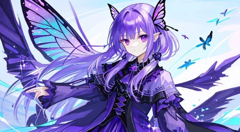 girl with purple hair, purple eyes, purple butterfly clip, purple fairy wings with blue gradient, sky