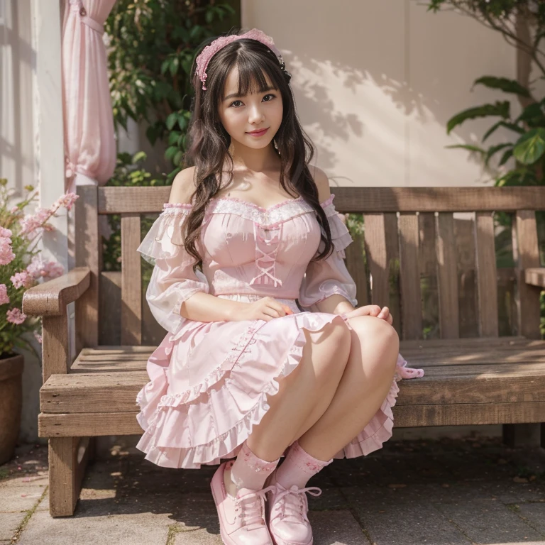 best quality, masterpiece, lifelike, 1 girl, alone, eternal, black hair, Long curly hair, blunt bangs, Smile, pink skirt, pink ta dress, layered skirt, Lolityle long skirt,分層連衣裙 lace-trimmed 裙子, decorate, lace, long sleeve, puff sleeves, wide sleeves, Transparent sleeves, hair accessories, 在flower园里, flower, Detailed background, delicate face,pink blush,White及膝襪, Pink shoes,cold,Lots of lace,((masterpiece))、(top quality)、8K、high detail、super detailed、 21 years old female,穿着pink lolita d((dreamy atmosphere:1.1))、Seductive and whimsical style、masterpiece、born、Scenes resembling fairy tale illustrations、Intricate details showcase the ruffles and intricate designs of the Lolita gown、icious、 beautifully、Dream aesthetics、「𝓡𝓸𝓶𝓪𝓷𝓽𝓲𝓬、ethereal、charming、fickle、magic」、realism、Visual effects、FXAA、SSAO、shader、voiceless、environmental lighting、Tone mapping、High resolution、ultra high definition、megapixel、(8K resolution:1.10)、8K、8K resolution、high detail、intricate details、 (high quality:1.2、masterpiece:1.2、:1.21)、(21 years old female:1.21)、(興奮地Smile)、(Surrounded by the dreamy atmosphere of an amusement par色洛丽塔连衣裙、Her eyes were full of surprise and joy、I took a lot of geek photos、High heel、Model diagram,full-body shot,Knee-high White的 lace socks,Sweet Lolita,Normal 2 ,Pink shoes,Baotou shoes,full-body shot,不要exposed你的手指,Emphasize the volume of the skirt,exposed,huge breasts,White,The skirt flew up,spread your legs,low cut,exposed,tutu,hair accessories,big skirt dress
