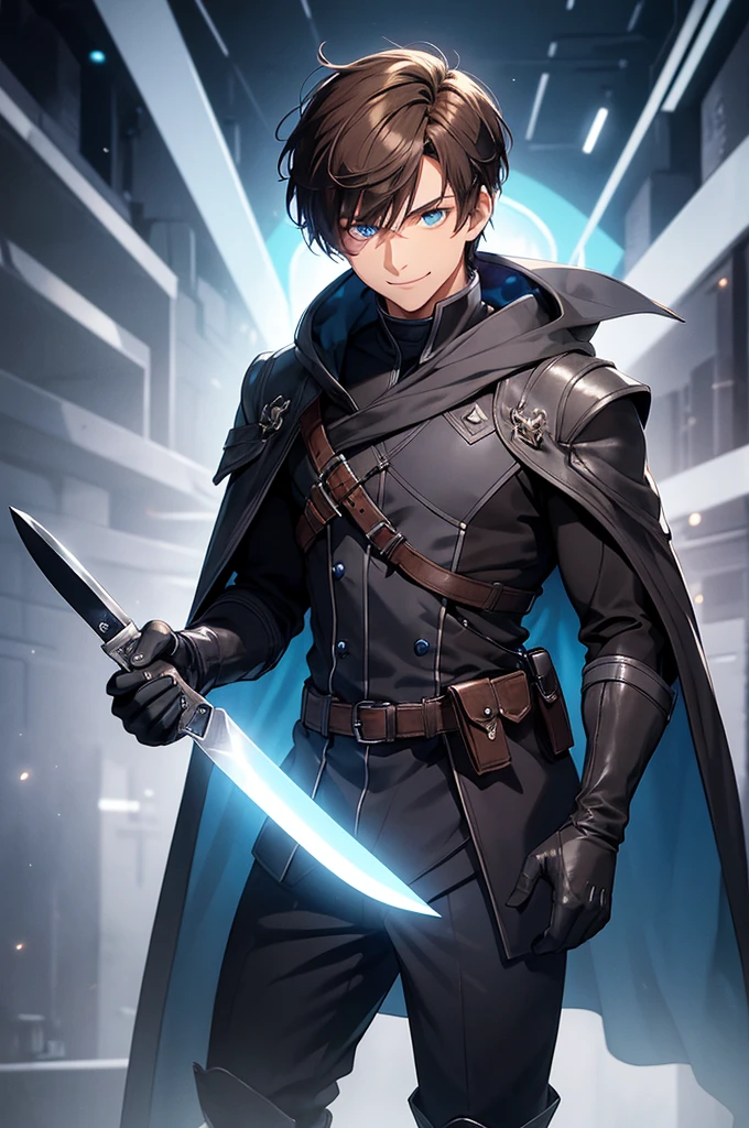 1man, brown hair, short hair, fade, fringe, glowing blue eyes, (black gloves + light bluish gray cloak), boots, black trousers, knife, full body shot, smiling expression, Solo, High quality, detail hands