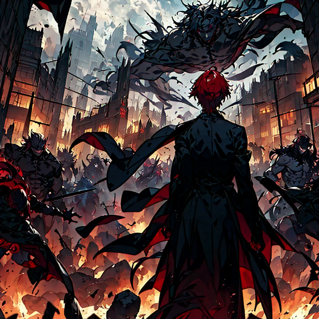 Seven Great Black Shadow Demons,A pale magic circle floating in the sky,A blade that cuts through the darkness,A hero who fights against the destruction of the world,Wonderful fantasy,solo,A young man with short wine red hair, his back turned, holding a sword in both hands.,disaster々horde of evil monsters,decisive battle of fate