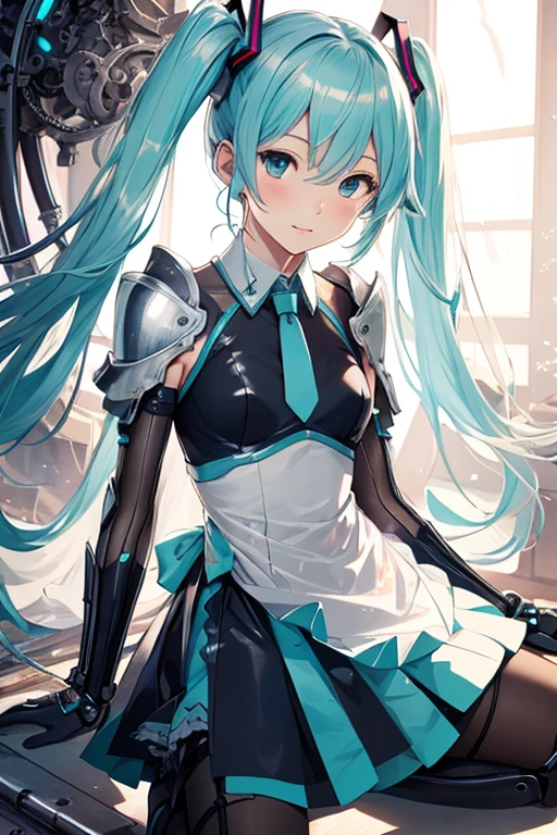 Hatsune Miku,maid (1 girl),long cyan twintails,(proportional face),((silver armor dress)),White translucent metallic leather,(Mechanical joint: 1.4),mechanical limbs,(Neat face,very shiny skin,detailed eyes),shining body,white plastic glitter skin,only_Shoulder,Delicate metal decoration,sleeveless,mini skirt,boots,kneeling,(see through:1.5)((bright colors)),(complicated background),(Delicate images),(Photorealistic: 1.4),(Highly detailed),(high resolution),(Best quality),(masterpiece)