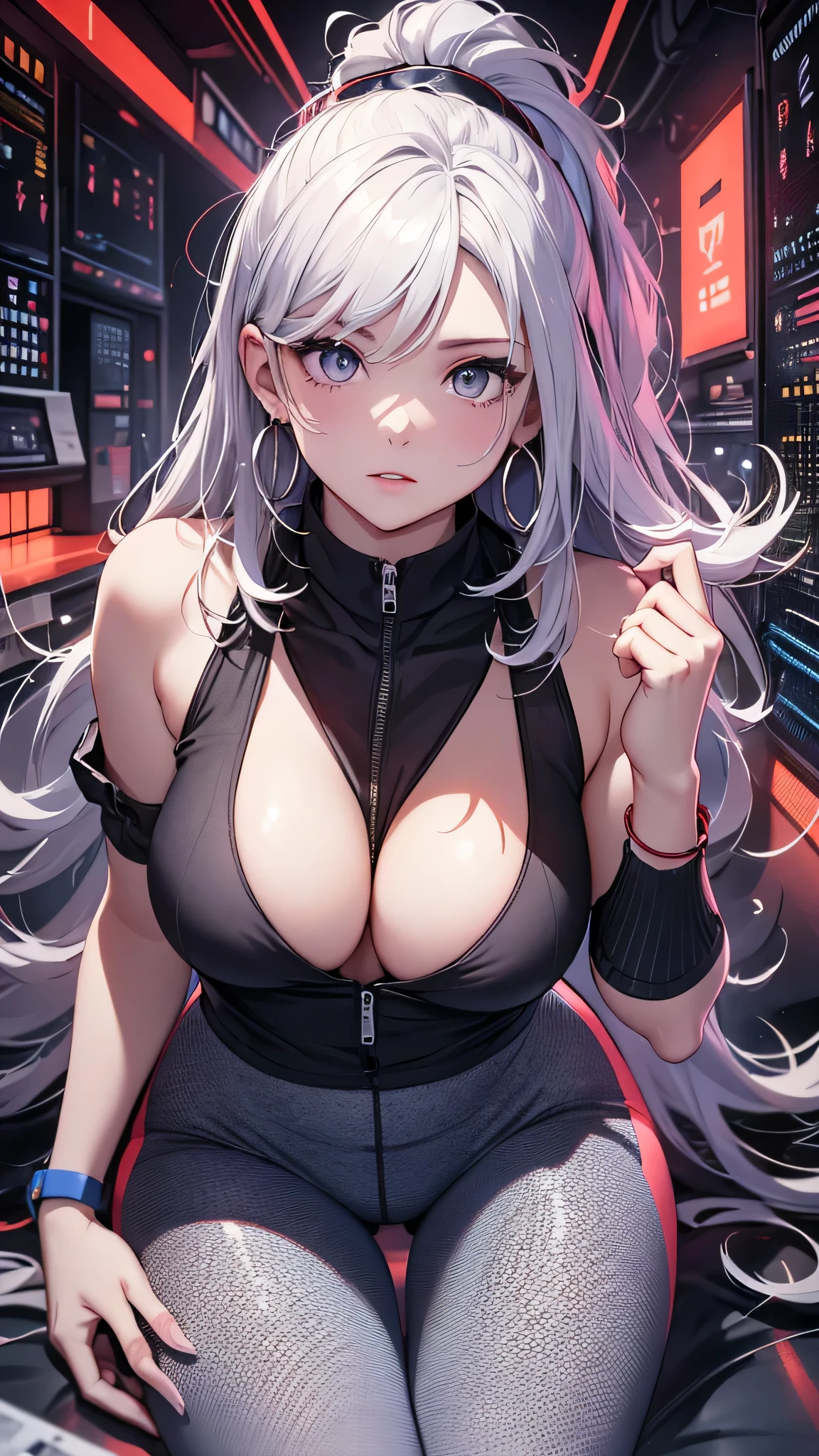 最high quality、best image quality、masterpiece、girl((18-year-old、 By becoming、vest bust、medium bust,wide open breast tea、shining eyes, silver hair、ponytail、long hair、thin,highest valley、white tank top、blue pants、Wristband、have a knife、ruby earrings、squat、Leaning forward)),high quality、beautiful art、background((Dark Research Facility、broken wall、warning mark、Light、Infrared Sensor、red lighting))、Flight、debris flies、Depth of written boundary、movie、visual art、perfect art、8K,genuine、