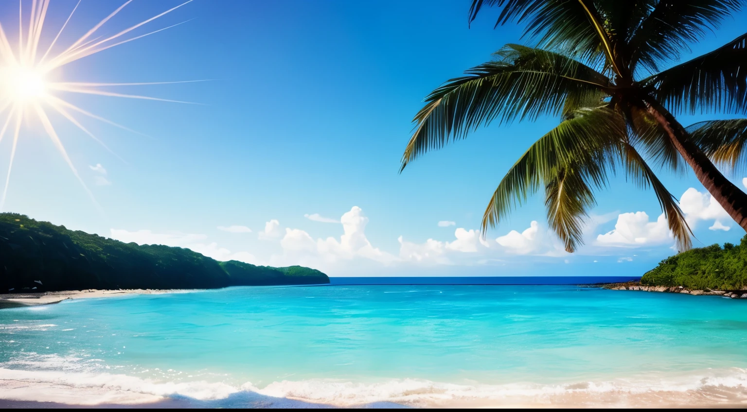 sparkling sun、blue sky、Soft white clouds、Blue ocean waves sparkle、It was glaring、White sand beach on blue sea、fantasy、diamond、crown、cosmos、soft light、resort