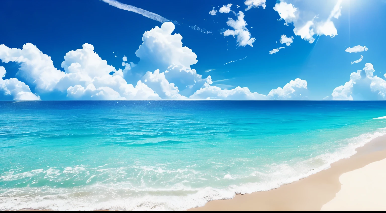 sparkling sun、blue sky、Soft white clouds、Blue ocean waves sparkle、It was glaring、White sand beach on blue sea、fantasy、diamond、crown、cosmos、soft light、resort