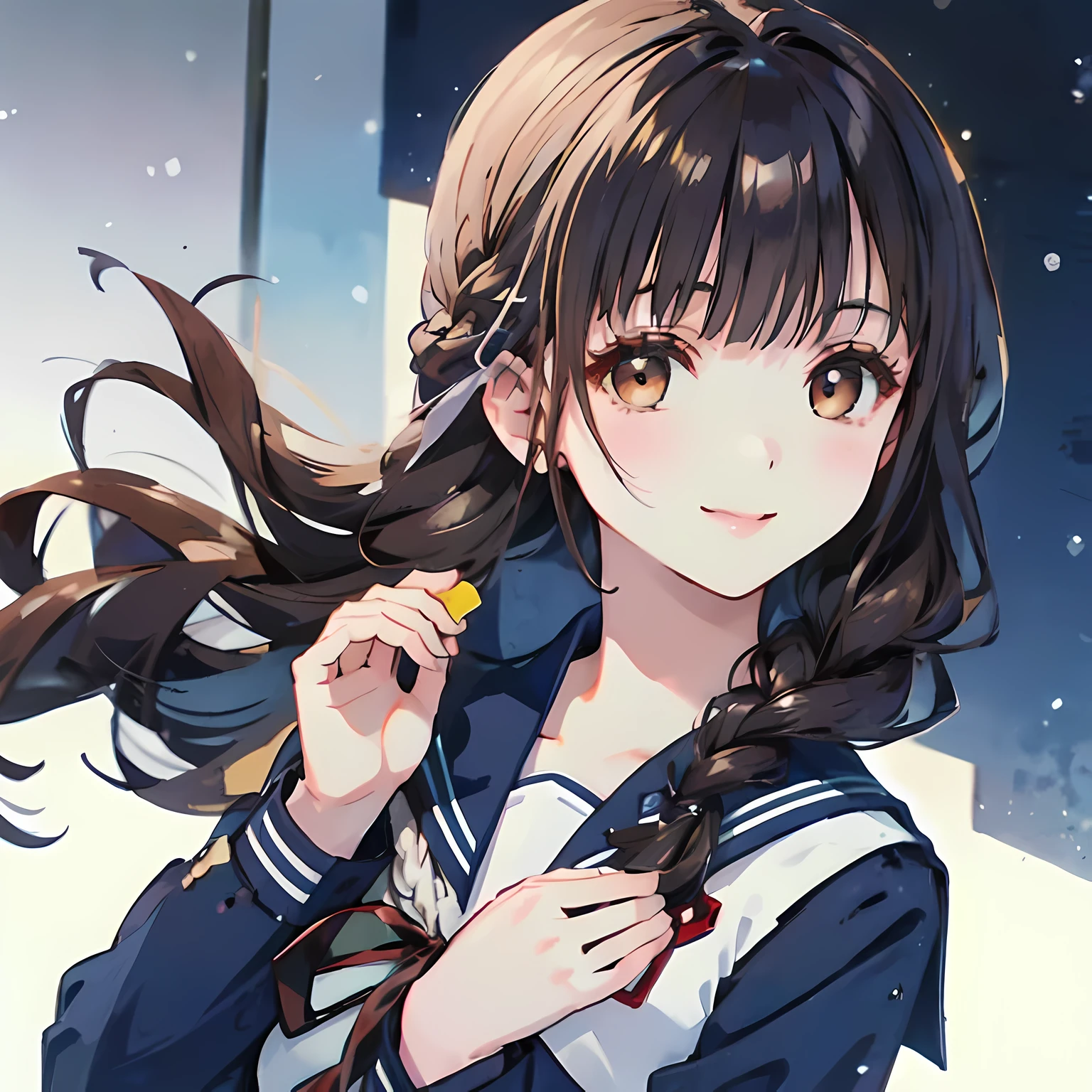 highest quality, (masterpiece:1.2), High resolution, perfect pixel, One long and so beautiful straight haired , 16 years old, (((big very detailed beautiful dark brown eyes))), ((((Overall navy blue winter sailor suit)))), ((very lovely & large & wide ribbon barrette)), ((((very beautiful long straight straight hair)))), ((Blue ribbon on the chest)), (((face up))), ((Smiling at the audience)), Very fun, Very happy, mouth is open, the long skirt is so cute, detailed fingers, modest chest, ((curled bangs)), ((Lip balm)), so beautiful, long eyelashes, ((セーラー服 is photo realistic)), (((Touching your hair with your hands))), ((Showing viewers the beauty of straight hair)), ((very big girly hair ribbons)), ((Impressive and very beautiful eyes)), (((shot from the side))), double eyelids