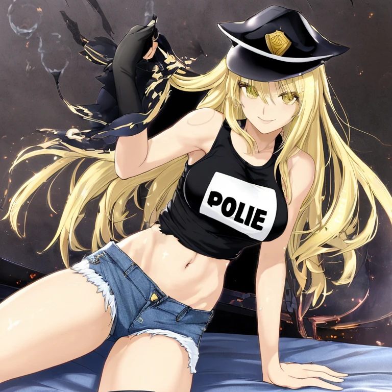 One beautiful woman, beautiful anime face, blonde, tall, long hair, smile, black police hat, white tank top, navel showing, side showing, torn denim shorts, crotch emphasis, spread legs, bedroom, super high quality 