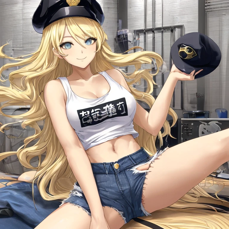 One beautiful woman, beautiful anime face, blonde, tall, long hair, smile, black police hat, white tank top, navel showing, side showing, torn denim shorts, crotch emphasis, spread legs, bedroom, super high quality 