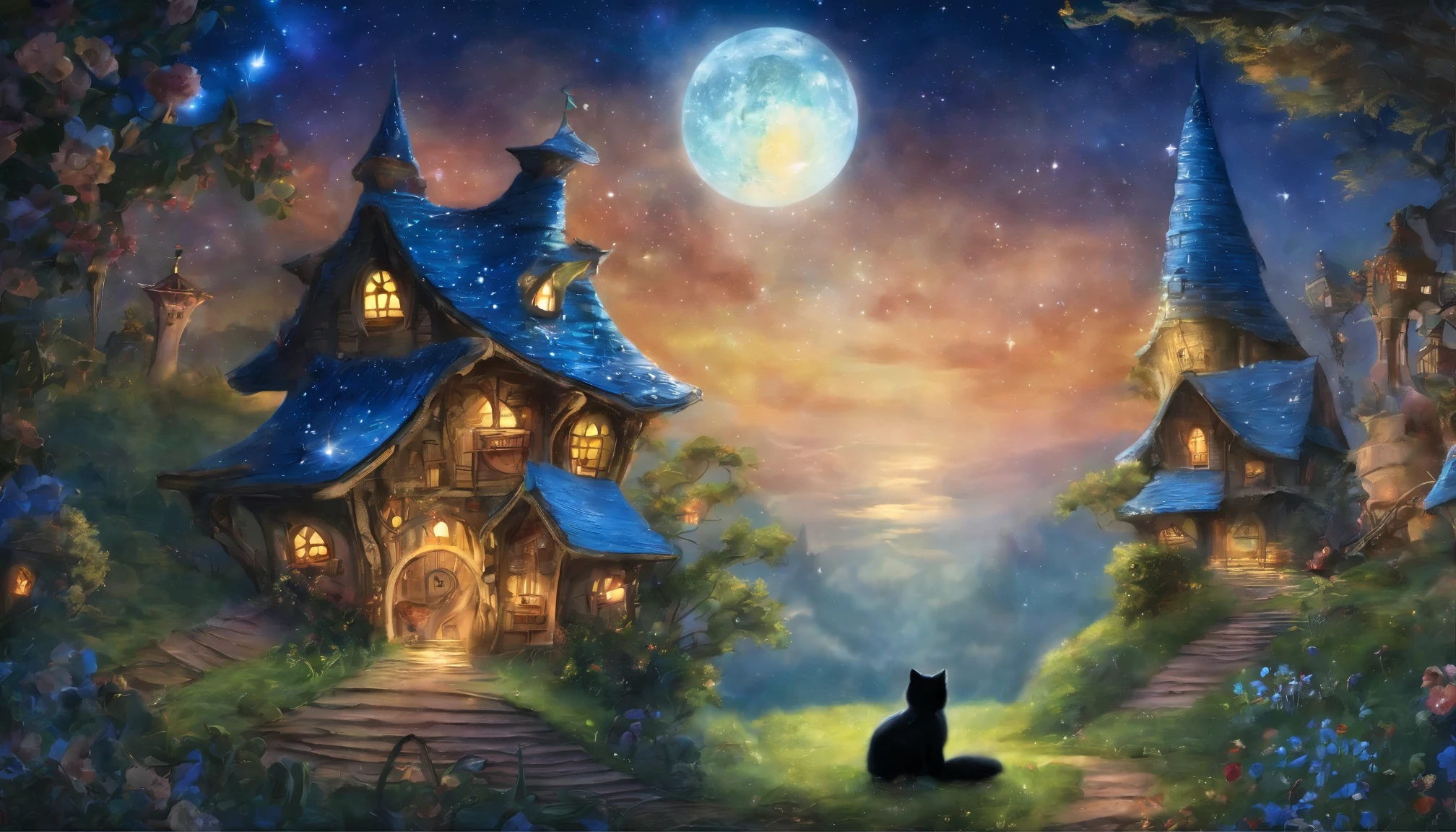 ((highest quality)), ((masterpiece)), be familiar with、(one black kitten with blue eyes、I'm looking at a big star shining in the night sky)、one's home、Grimm fairy tale style
