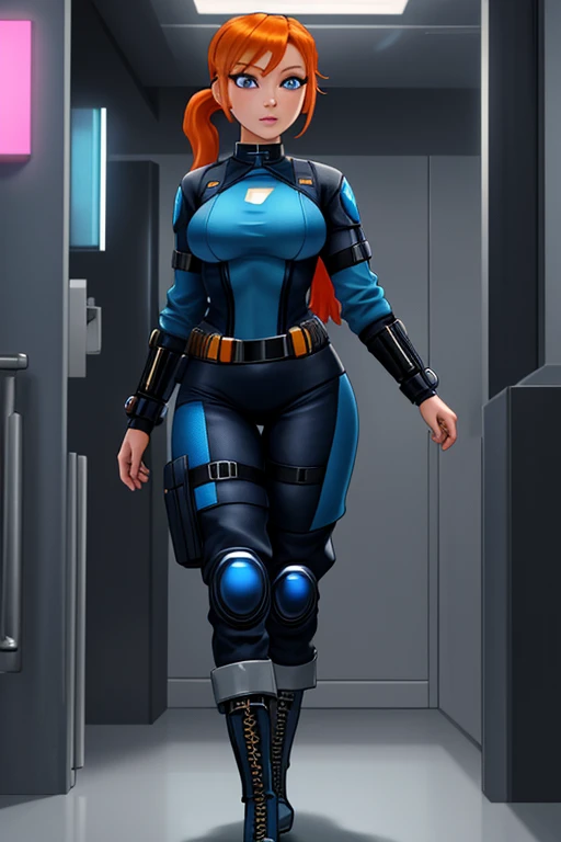 (masterpiece, best quality), intricate details, 1girl, solo, 32 year old woman, short orange hair, pony tail hair style, detailed blue eyes, light skin, medium breasts, tight blue futuristic jumpsuit, Utility Belt, Boots, Cyberpunk Themed