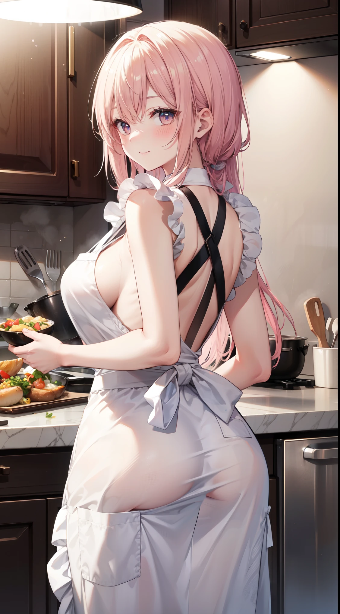 Bigchest,Long flowing hair(hair color random),Delicate facial features,Sexy figure,apron,Cooking in the kitchen,Look back,Delicious food,ssmile,Blushing,fair,masterpiece,hightquality,Very detailed,textured skin,happy look,