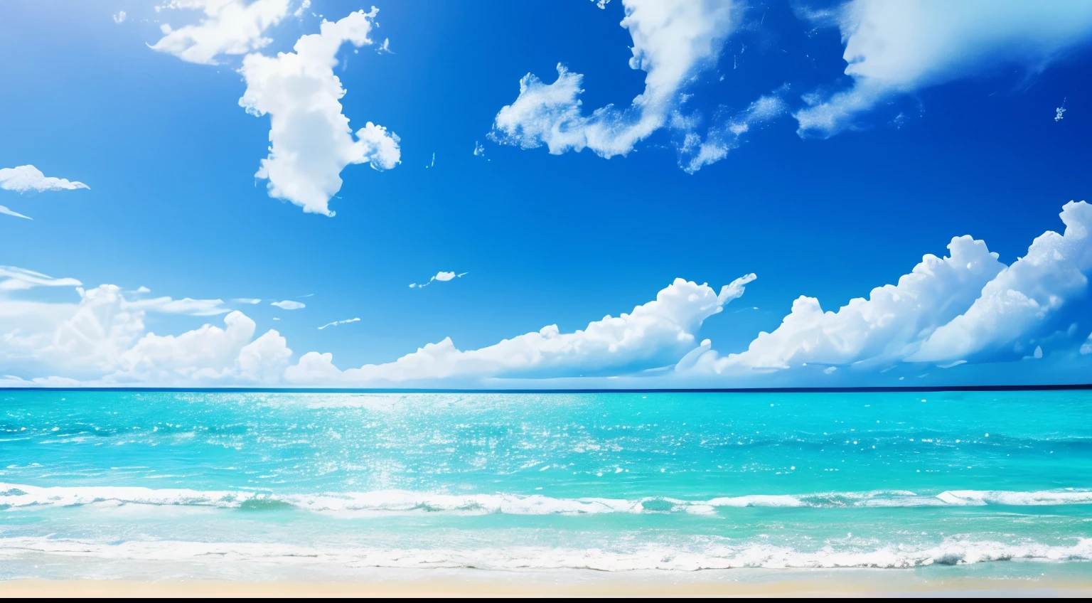 sparkling sun、blue sky、Soft white clouds、Blue ocean waves sparkle、It was glaring、White sand beach on blue sea、fantasy、diamond、crown、cosmos、soft light、resort