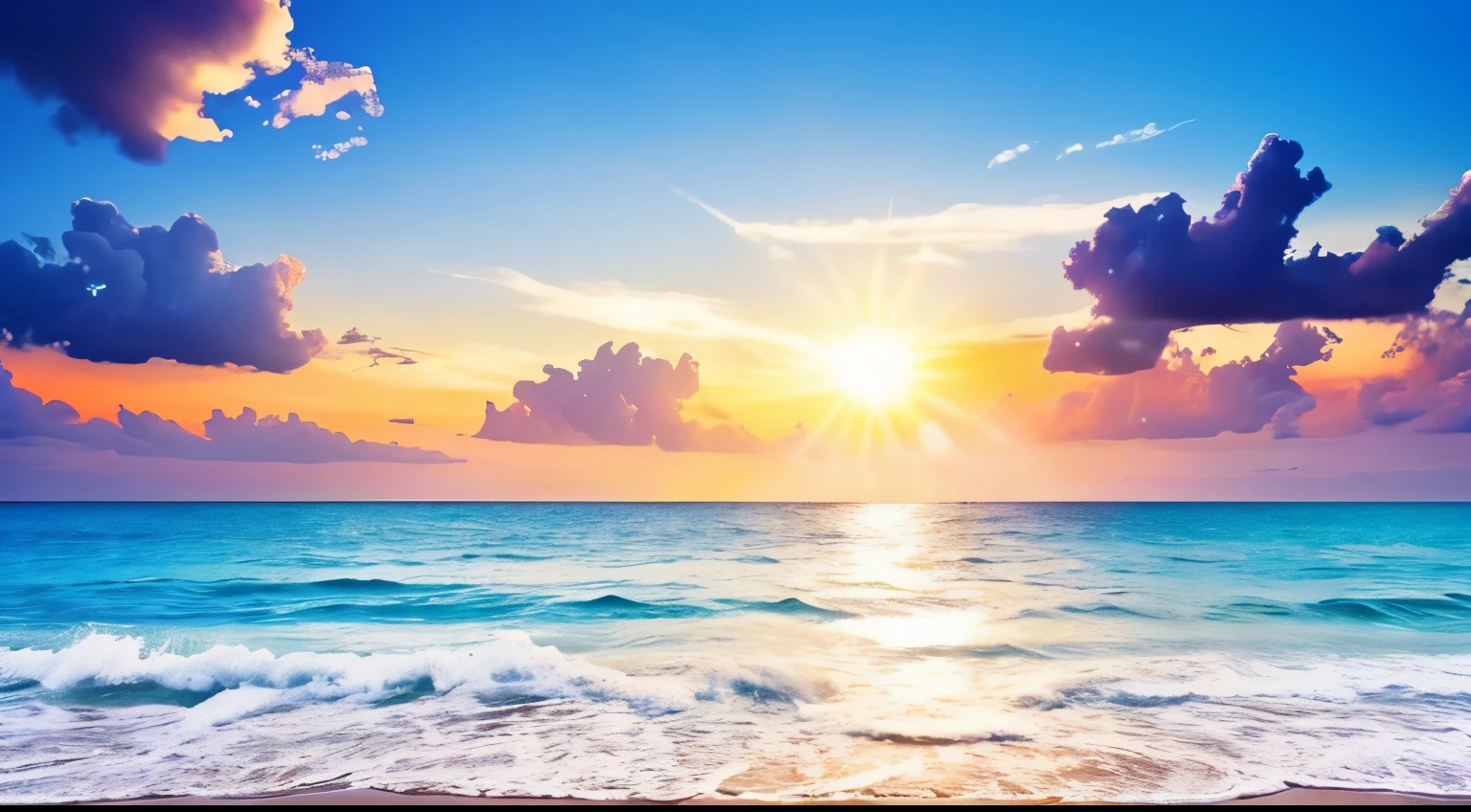 sparkling sun、blue sky、Soft white clouds、Blue ocean waves sparkle、It was glaring、White sand beach on blue sea、fantasy、diamond、crown、cosmos、soft light、resort