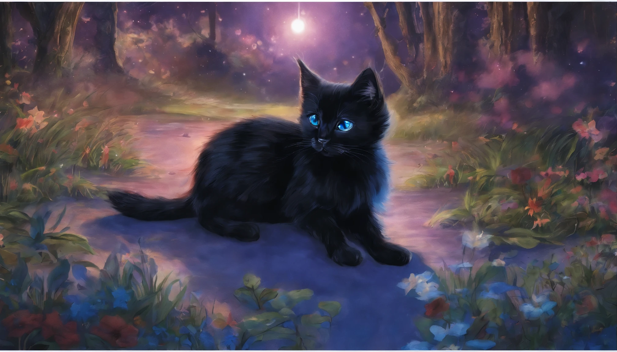 ((highest quality)), ((masterpiece)), be familiar with、(one black kitten with blue eyes、I&#39;m looking at a big star shining in the night sky)、one&#39;s home、Grimm fairy tale style
