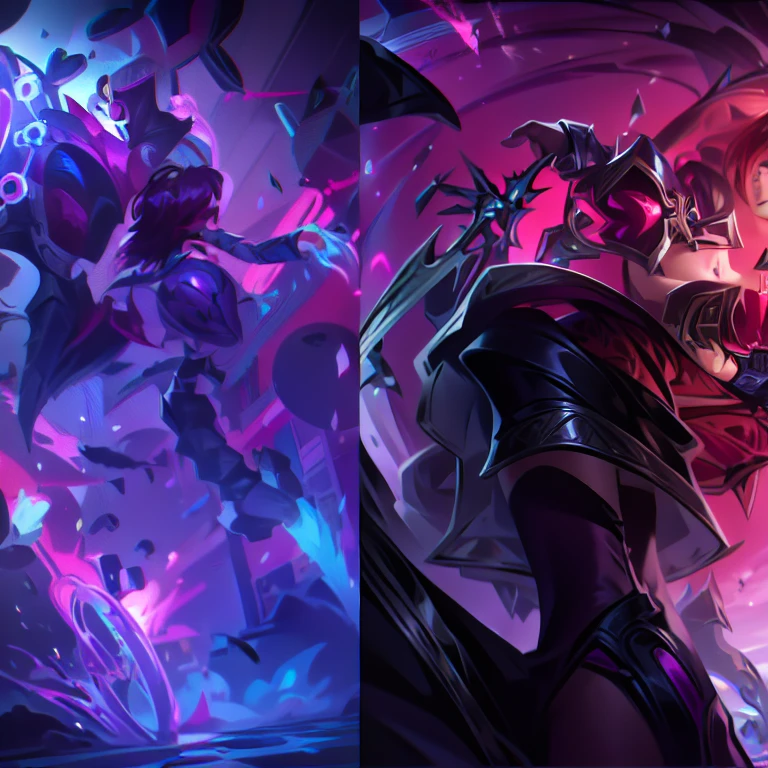 Two photos of different characters from the game, Jazz and Los Dros, official splash art, League of Legends Art Style, league of legends splash art, league of legends style art, iconic character splash art, League of Legends style, splash art, Style League of Legends, League of Legends Splash Art, fuchsia skin below the armor