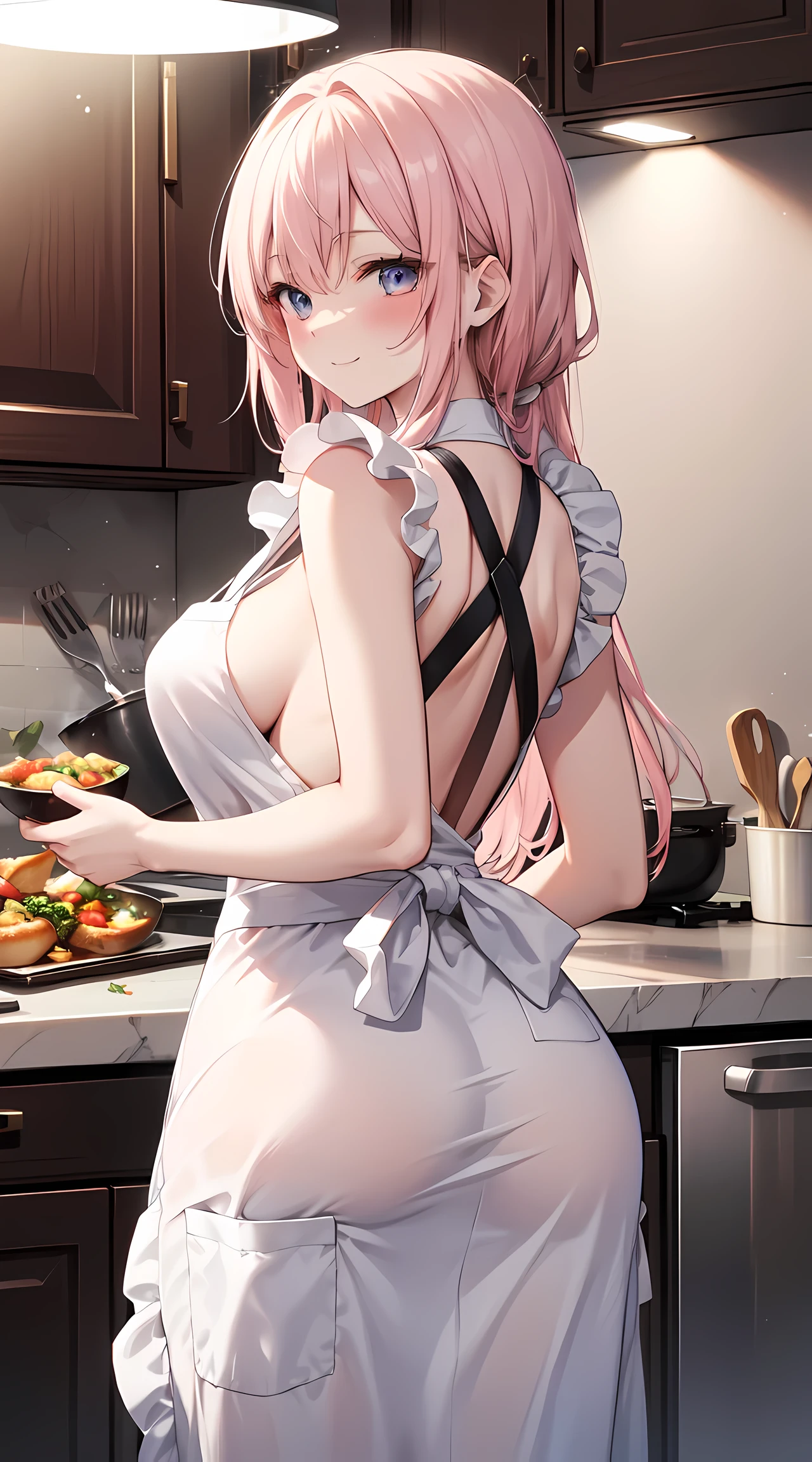 Bigchest,Long flowing hair（hair color random）,Delicate facial features,Sexy figure,apron,Cooking in the kitchen,Look back,Delicious food,ssmile,Blushing,fair,​masterpiece,hightquality,Very detailed,textured skin,happy look,