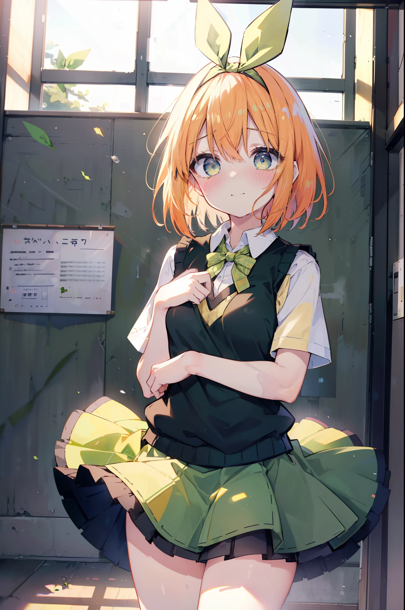 yotsubanakano, yotsuba nakano, bangs, short hair, blue eyes, hair between eyes, hair ribbon, hair band, orange hair, (green ribbon:1.5), smile,tears run down her face,Crying with joy,blush,smile,
Mikan Yuki skirt, shirt, bow, ribbon, , white shirt, short sleeve, pleated skirt, shoes, shoes下, collared shirt, mini skirt, bowtie, black footwear, knee high, green skirt, black shoes下, loafers, green bow, sweater vest, green ribbon, (yellow sweater vest:1.5),window building street,evening,sunset,
break indoors, classroom,
break looking at viewer, (cowboy shot:1.5),
break (masterpiece:1.2), highest quality, High resolution, unity 8k wallpaper, (figure:0.8), (detailed and beautiful eyes:1.6), highly detailed face, perfect lighting, Very detailed CG, (perfect hands, perfect anatomy),