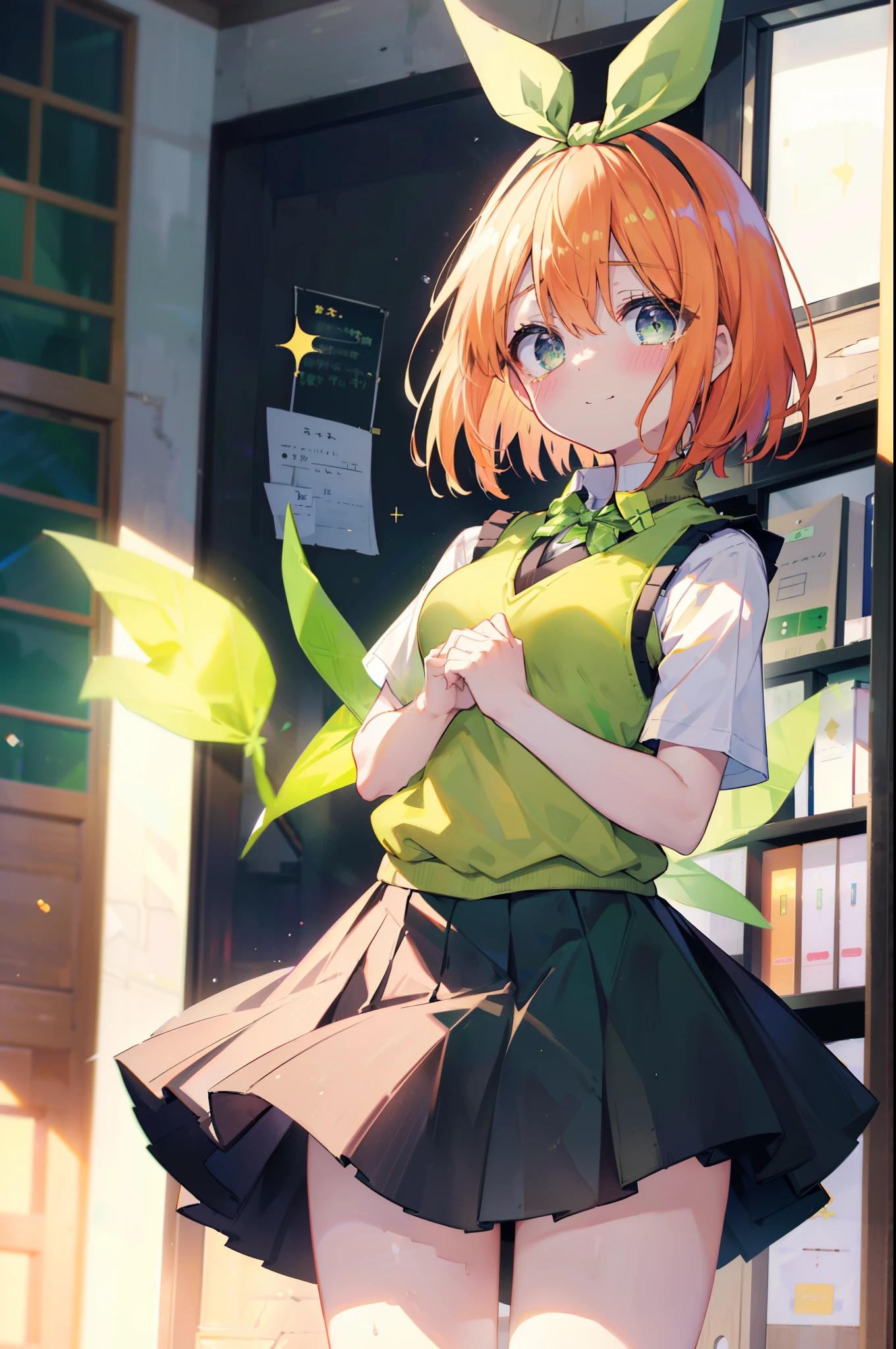 yotsubanakano, yotsuba nakano, bangs, short hair, blue eyes, hair between eyes, hair ribbon, hair band, orange hair, (green ribbon:1.5), smile,tears run down her face,Crying with joy,blush,smile, 
Mikan Yuki skirt, shirt, bow, ribbon, , white shirt, short sleeve, pleated skirt, shoes, shoes下, collared shirt, mini skirt, bowtie, black footwear, knee high, green skirt, black shoes下, loafers, green bow, sweater vest, green ribbon, (yellow sweater vest:1.5),window　building street,evening,sunset,
break indoors, classroom,
break looking at viewer, (cowboy shot:1.5),
break (masterpiece:1.2), highest quality, High resolution, unity 8k wallpaper, (figure:0.8), (detailed and beautiful eyes:1.6), highly detailed face, perfect lighting, Very detailed CG, (perfect hands, perfect anatomy),