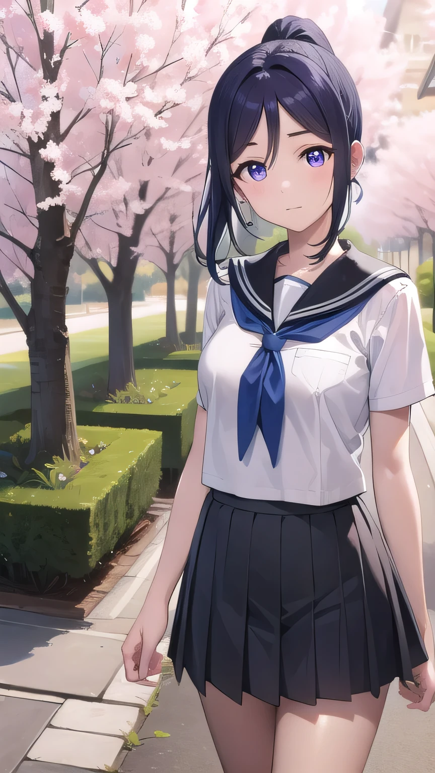 kananmatsuura, kanan matsuura, blue hair, long hair, ponytail, (purple eyes:1.1), sidelocks, (medium breast:1.2),
BREAK aqua neckerchief, grey sailor collar, grey skirt, miniskirt, neckerchief, pleated skirt, sailor collar, sailor shirt, , serafuku, shirt, skirt, summer uniform, uranohoshi , white shirt,
BREAK looking at tree, 
BREAK outdoors, 
BREAK (masterpiece:1.2), best quality, high resolution, unity 8k wallpaper, (illustration:0.8), (beautiful detailed eyes:1.6), extremely detailed face, perfect lighting, extremely detailed CG, (perfect hands, perfect anatomy), sakura tree flower