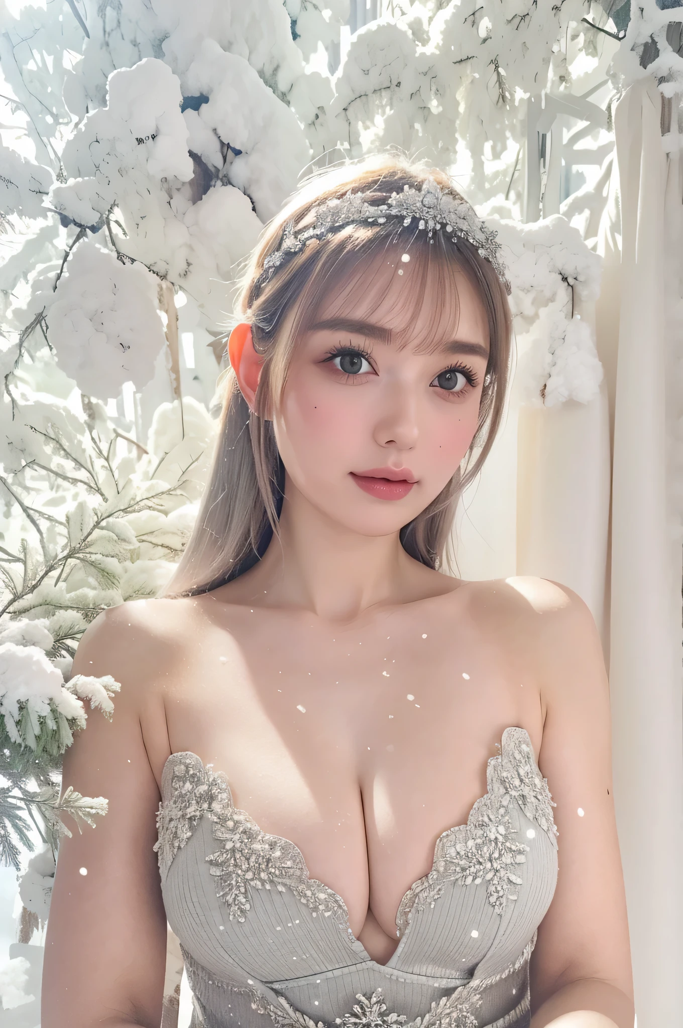 ((high quality)),table top,(Detailed depiction of local details:1.2),1 girl,big and full breasts、cleavYear of the breast,closed mouth,eyelash,looking at the viewer,portrait,alone,upper body close-up、portrait,gray hair,whiteme,(master piece, 8K, 最high quality, High resolution, Super detailed, ultra realistic realism),white, A world covered in silver, branches covered with snow, cold winter feel, snowflakes dance like elves, Turn the world into a silver fairy tale, cold, Quiet and beautiful snow scene, comfortable and calm, Bright colors, full body, Princess, 1 girl, 25Year, baby face, gray hair, short hair,(artistic pose),
