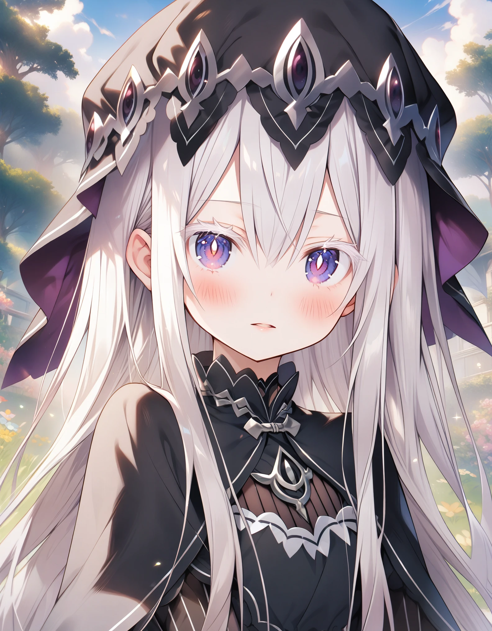 (masterpiece, best quality, very aesthetic, ultra detailed), intricate details, 1girl, echidna \(re:zero\), re:zero kara hajimeru isekai seikatsu, white hair, colored eyelashes, white eyelashes, bright pupils, violet eyes, long hair, sidelocks, black capelet, black dress, layered dress, blush, outdoor, grass background