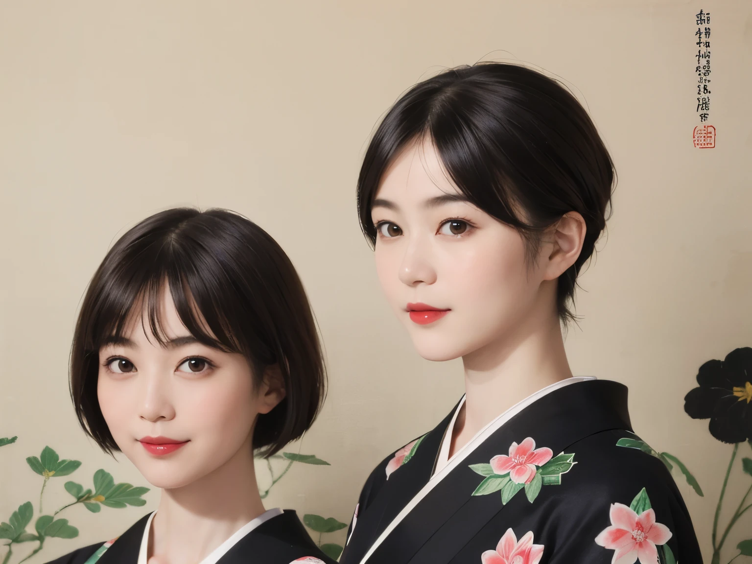 197 (snapdd00-Fp16), Japanese painting, woman, gentle smile, lipstick, short hair, Paintings by Shoen Uemura