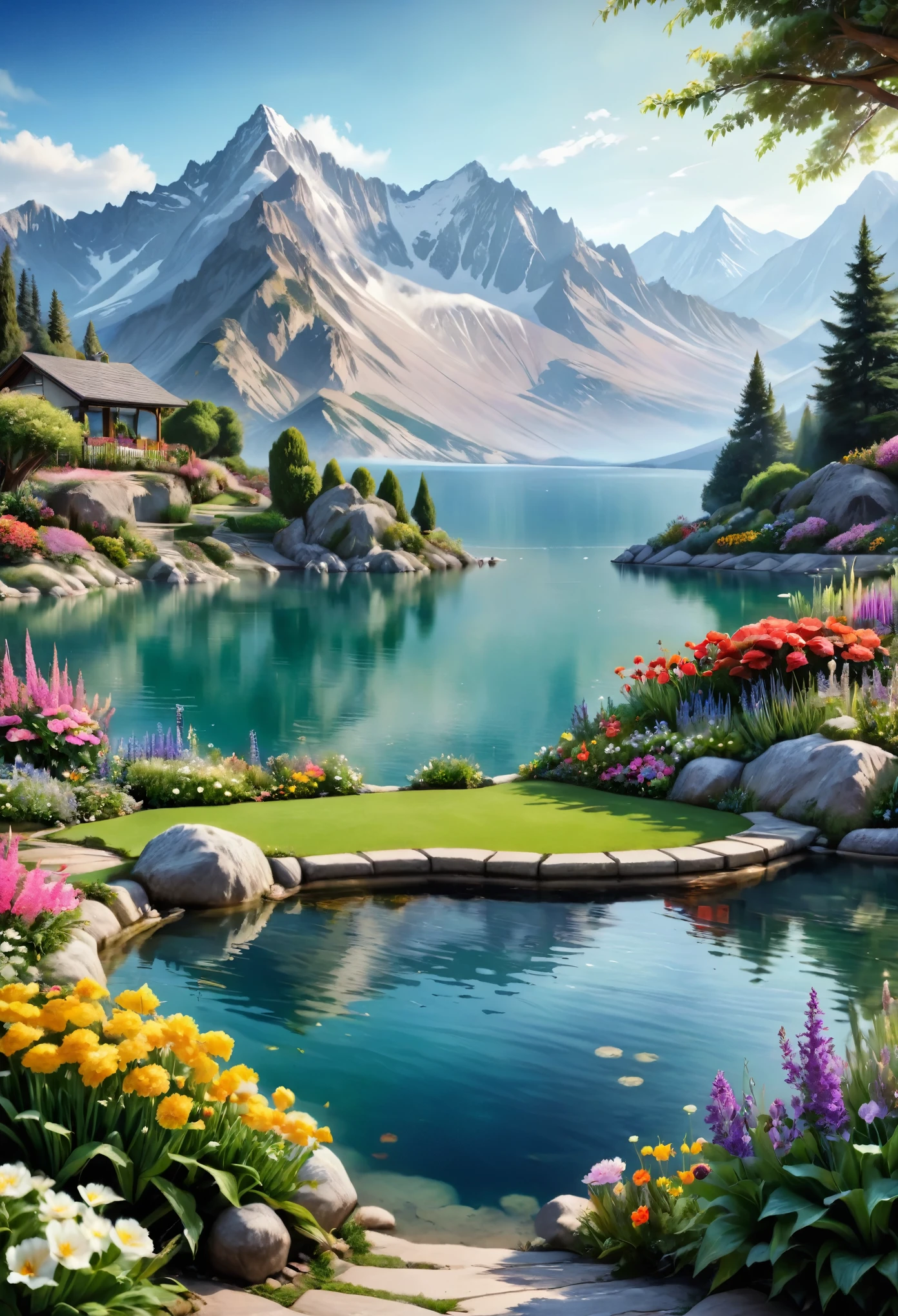 Beautiful garden, realism, Lake, Mountains, Flowers.