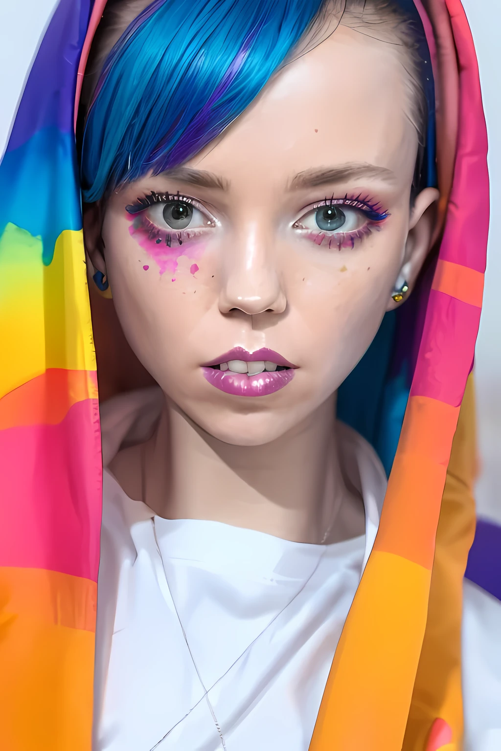 coopie a woman with colorful makeup and rainbow paint on her face, creative colorfull - makeup, colorful photo, creative makeup, color photograph portrait 4k, colorful picture, colorful, colorfully, colorful rave makeup, pop art look, color portrait, painted face, beautiful and colorful, colorful photograph, colorful mood, bright and colorful, painted look, portrait color glamour