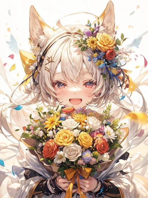 Anime girl with bouquet of flowers in her hands, Pixiv contest winners, Cute girl anime visual, happy and energetic look, everyone, Highly rated on pixiv, From Arknights, official anime artwork, Trending on Art Station Pixiv, Gweiz on pixiv artstation, Wrapped in flowers, made of flowers, Gweiz