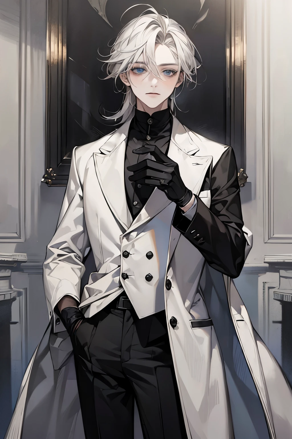 Masterpiece, best quality, solo, male, mafia, black shirt, white pant, black gloves, white coat, medium hair, gray hair, light blue eyes