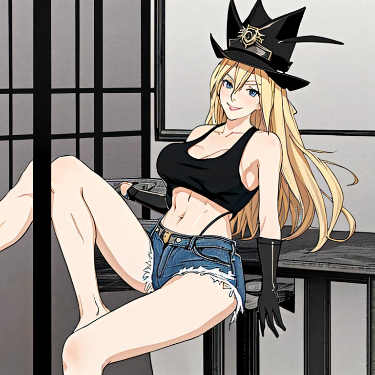 One beautiful girl, anime face, long hair, tall, blonde, smiling, black police hat, see-through tank top, belly button, armpits, ripped denim shorts, crotch emphasis, legs spread, bedroom, ultra high resolution