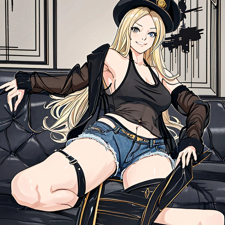 One beautiful girl, anime face, long hair, tall, blonde, smiling, black police hat, see-through tank top, belly button, armpits, ripped denim shorts, crotch emphasis, legs spread, bedroom, ultra high resolution 