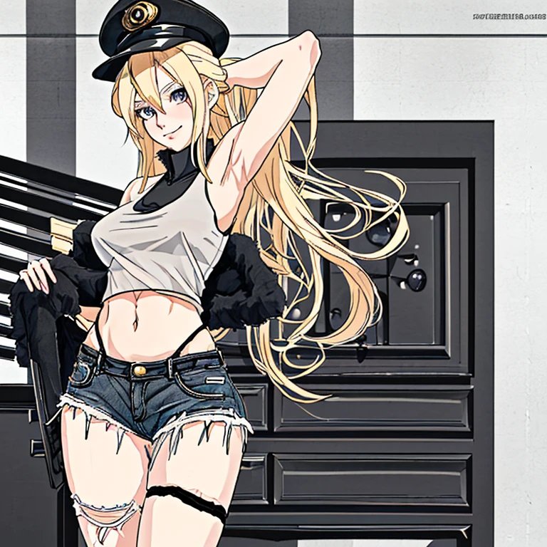 One beautiful girl, anime face, long hair, tall, blonde, smiling, black police hat, see-through tank top, belly button, armpits, ripped denim shorts, crotch emphasis, legs spread, bedroom, ultra high resolution 