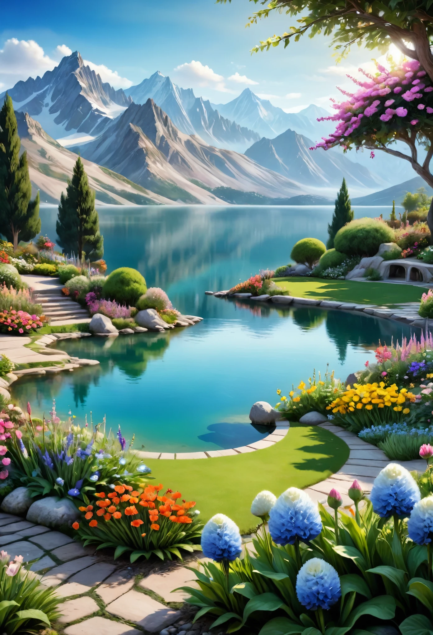 Beautiful garden, realism, Lake, Mountains, Flowers.
