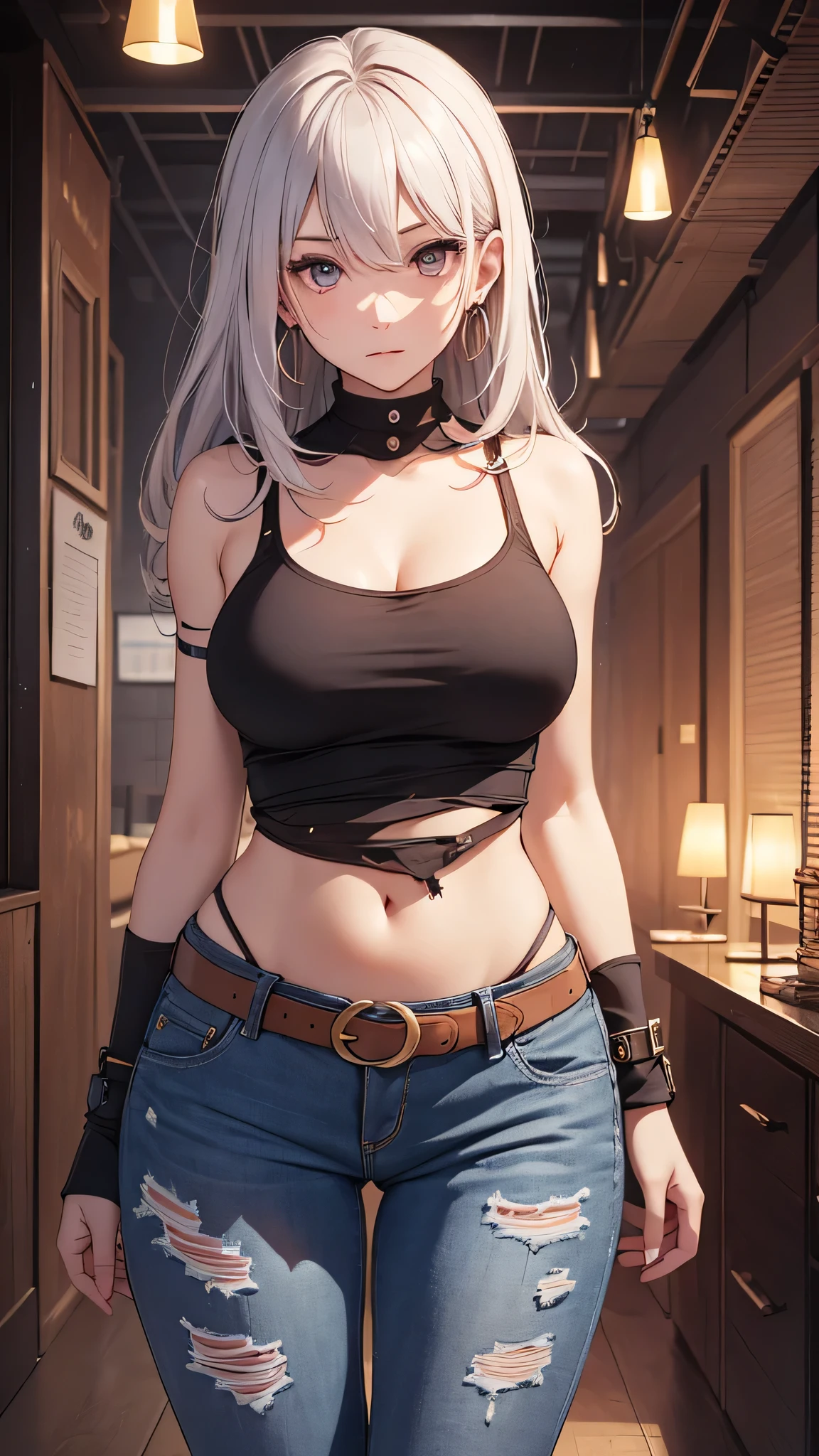 最high quality、best image quality、masterpiece、girl((18-year-old、 By becoming、vest bust、medium bust,wide open breast tea、shining eyes, silver hair、messy hair、long hair、thin,highest valley、white distressed tank top、blue distressed pants、Wristband、have a knife、ruby earrings、squat、Leaning forward)),high quality、beautiful art、background((Dark Research Facility、broken wall、warning mark、Light、Infrared Sensor、red lighting))、Flight、debris flies、Depth of written boundary、movie、visual art、perfect art、8K,genuine、