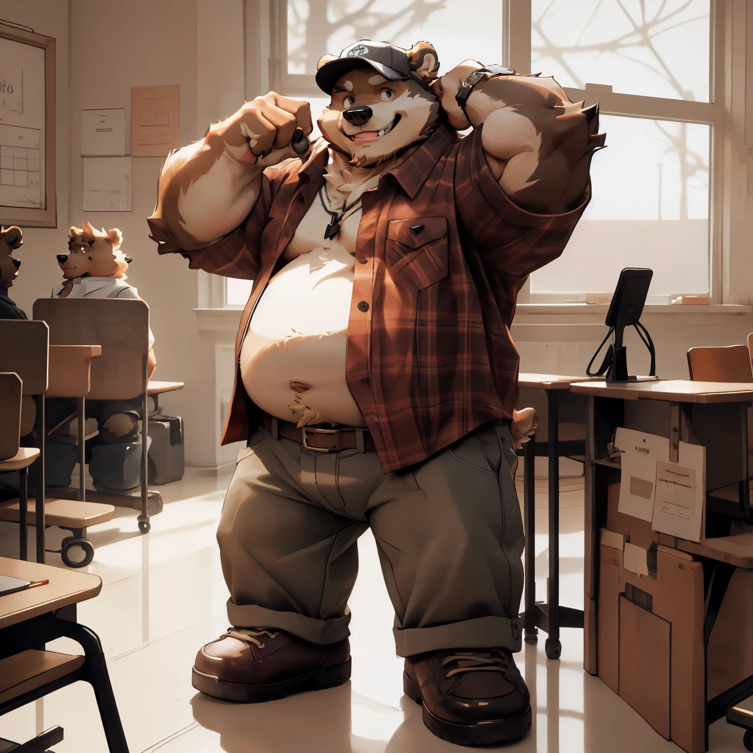 New Jersey 5 Hairy, Bear，Full body portrait of an individual, exquisite， chubby，thick arms，plush fur，front，peaked cap，plaid shirt，white lining，jeans，leather shoes，classroom，stand，Smile