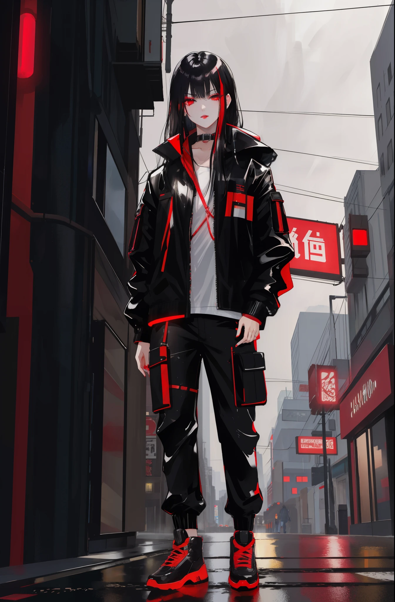 Female, Black Hair, Red Eyes, Black Jacket, Neon Red Inline, Raining, Cyberpunk, City Street, Long Black Hair, Katana on Back, Black Tattoos, Mature, Neon Lights, Nightime Shot, Looking down at Viewer, Bloody Clothing, Black Cargo Pants, Black Combat Boots, Pale Skin, Red Lips, Long Eyelashes, Smoking, Heavy Shadows, Detailed Face, Detailed Eyes, Full Body Shot