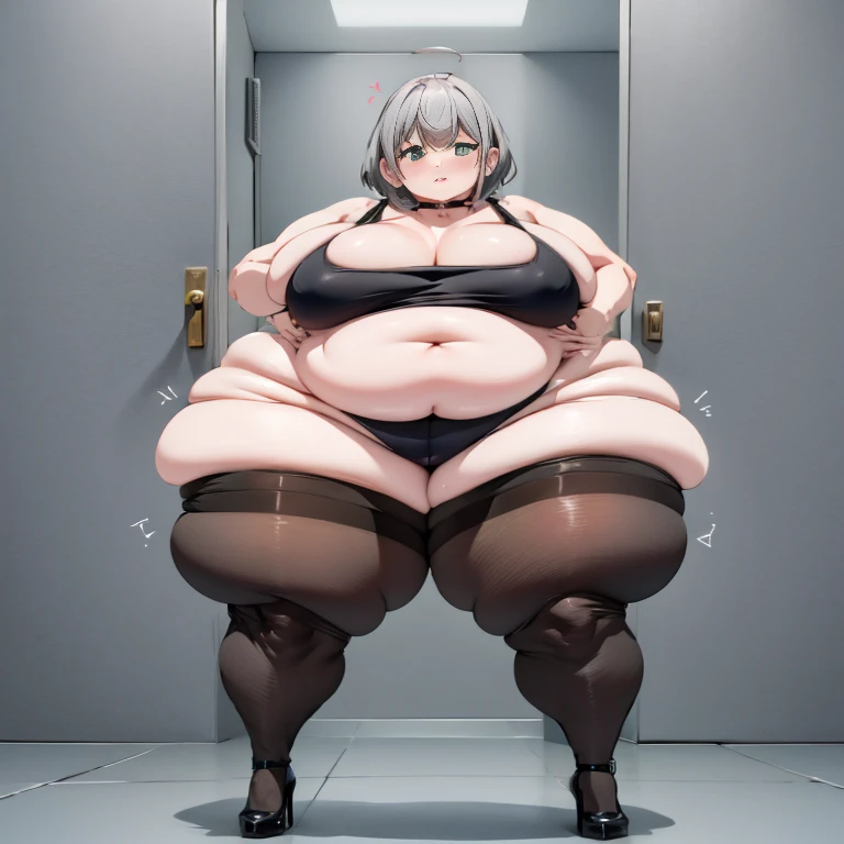 1girl, top heavy figure, (((incredibly big chest))), ((saggy chest)), plump, incredibly plump, ((big belly)), (((big tits))), pout, embarassed, wide, (((obese))), (((fat))), ((love handles)), double chin, out of shape, obese, fatty, shortstack, short woman, big bossom, ((milf)), small height, mature, standing, full body, bbw, ssbbw, shirogane noel, short hair,grey hair, green eyes, black tank top, black bikini, black choker, pantyhose, high heel,