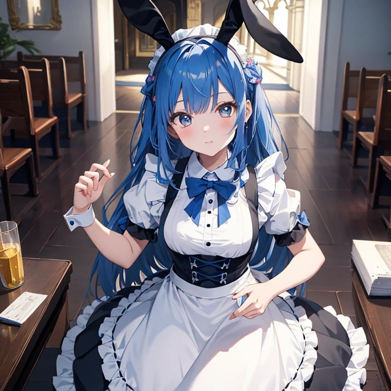 highest quality、masterpiece、8K、church、bunny maid、rabbit ears、blue hair