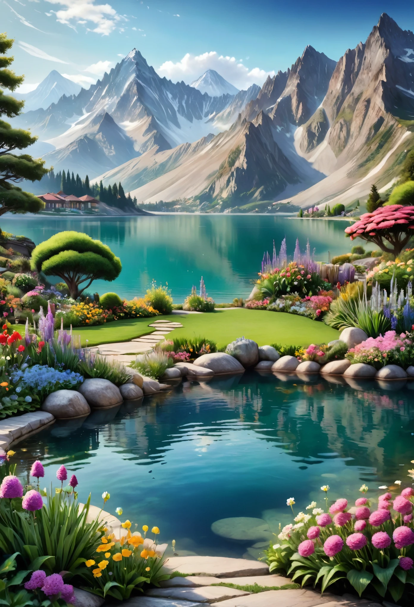 Beautiful garden, realism, Lake, Mountains, Flowers.