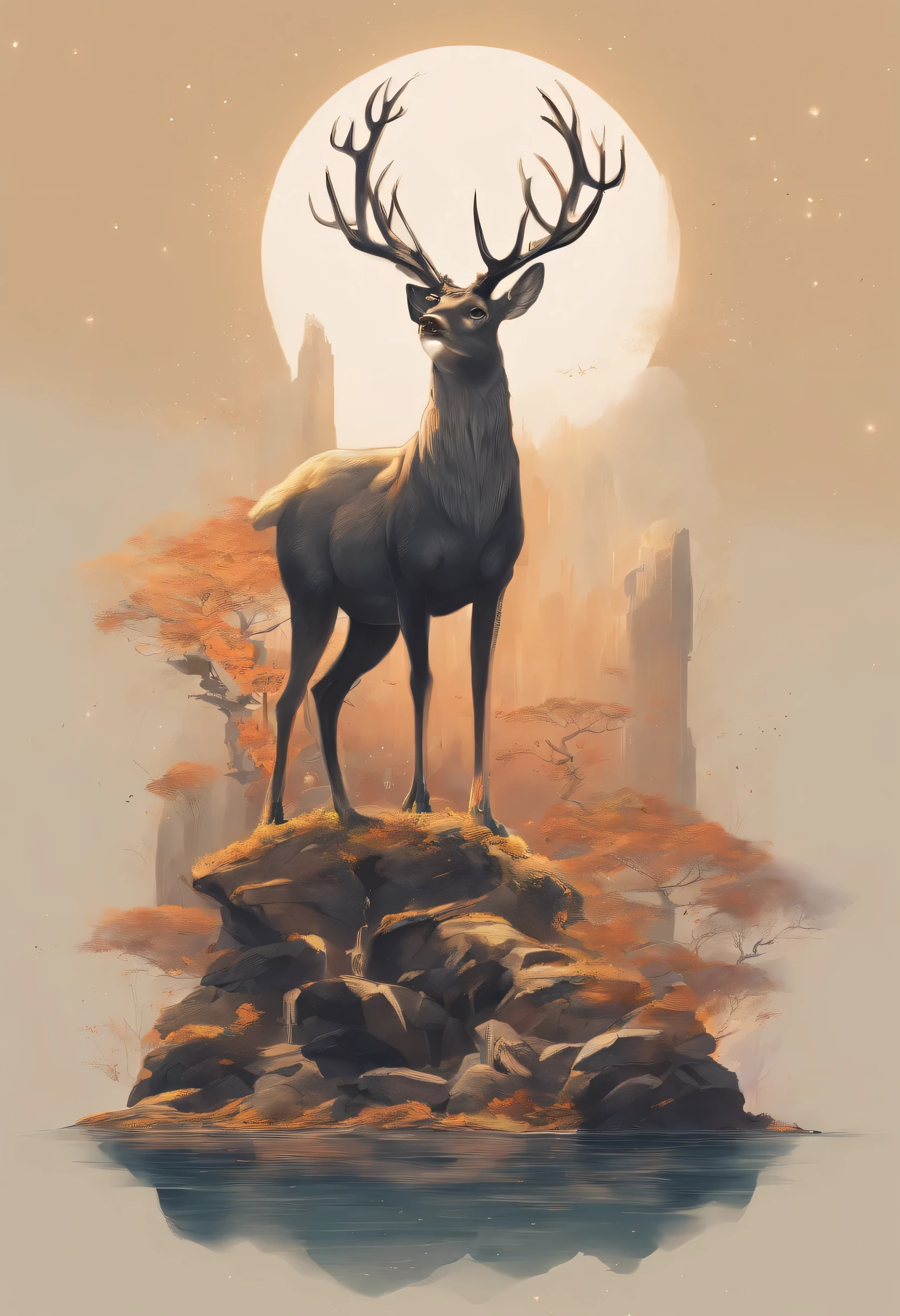there is a painting,The painting depicts a deer standing on a pile of stones, neo-surrealism. The art of math, lie on a golden stone, greek mythology numbers, The art of math, Inspired by Vladimir Kush, Inspired by Gediminas Plankevichus, Inspired by Kano Koshin, hyperrealistic illustration, Alaina Imani Digital Art