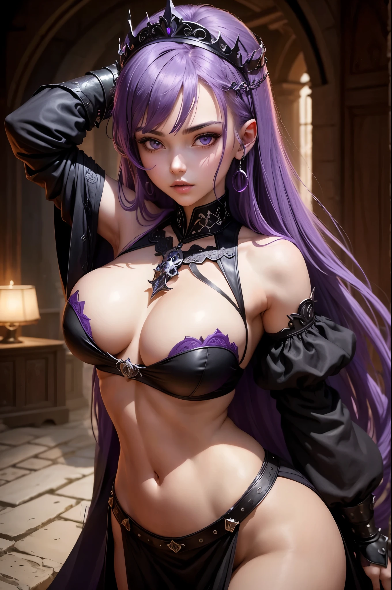 1girl, a knight, purple hair, beautiful face, skull tiara, black  amor, perfect body, large breast,  black sword, look at viewer, wood