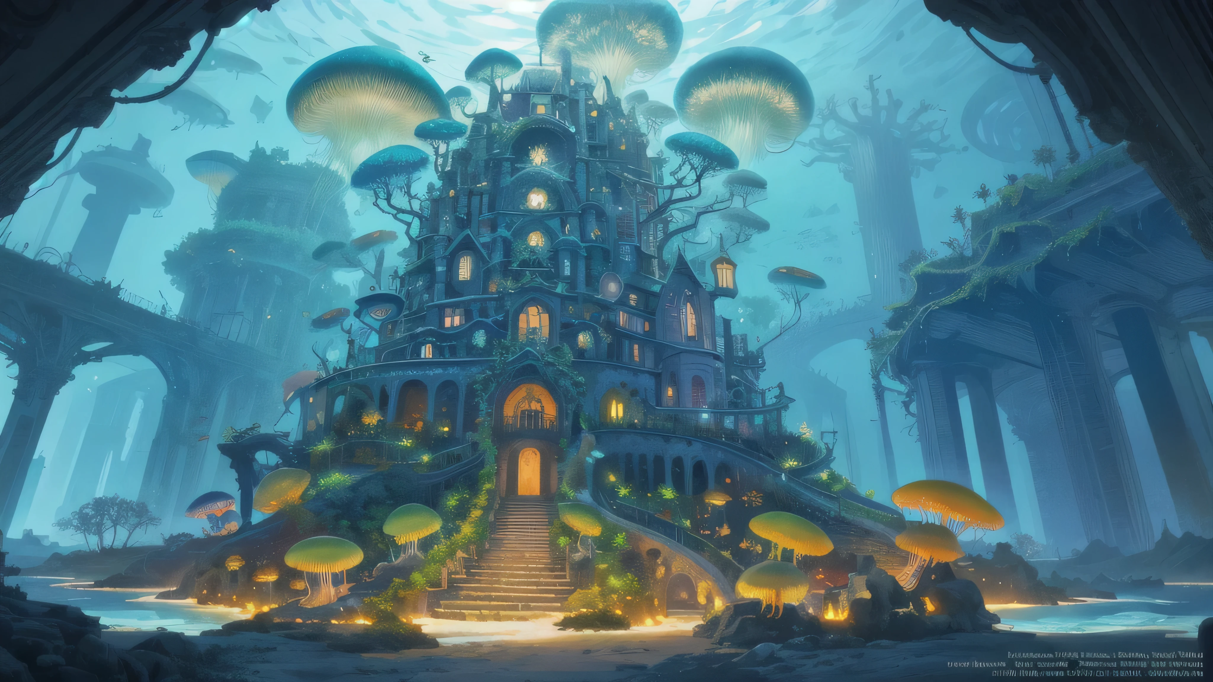 masterpiece, high quality, Ocean Forest, city, Fantastic Fantasy, glowing plants, Coral Viaduct, (A swarm of glowing jellyfish), (A school of fish with transparent wings flies in the sky), Misty, extreme details, Morning light, magnificent composition, (intricate details), (intricate design, Super detailed: 1.2), art station, (masterpiece, 最high quality), ultra hd, 32k ,city,relic ,(underworld),Underground--v6