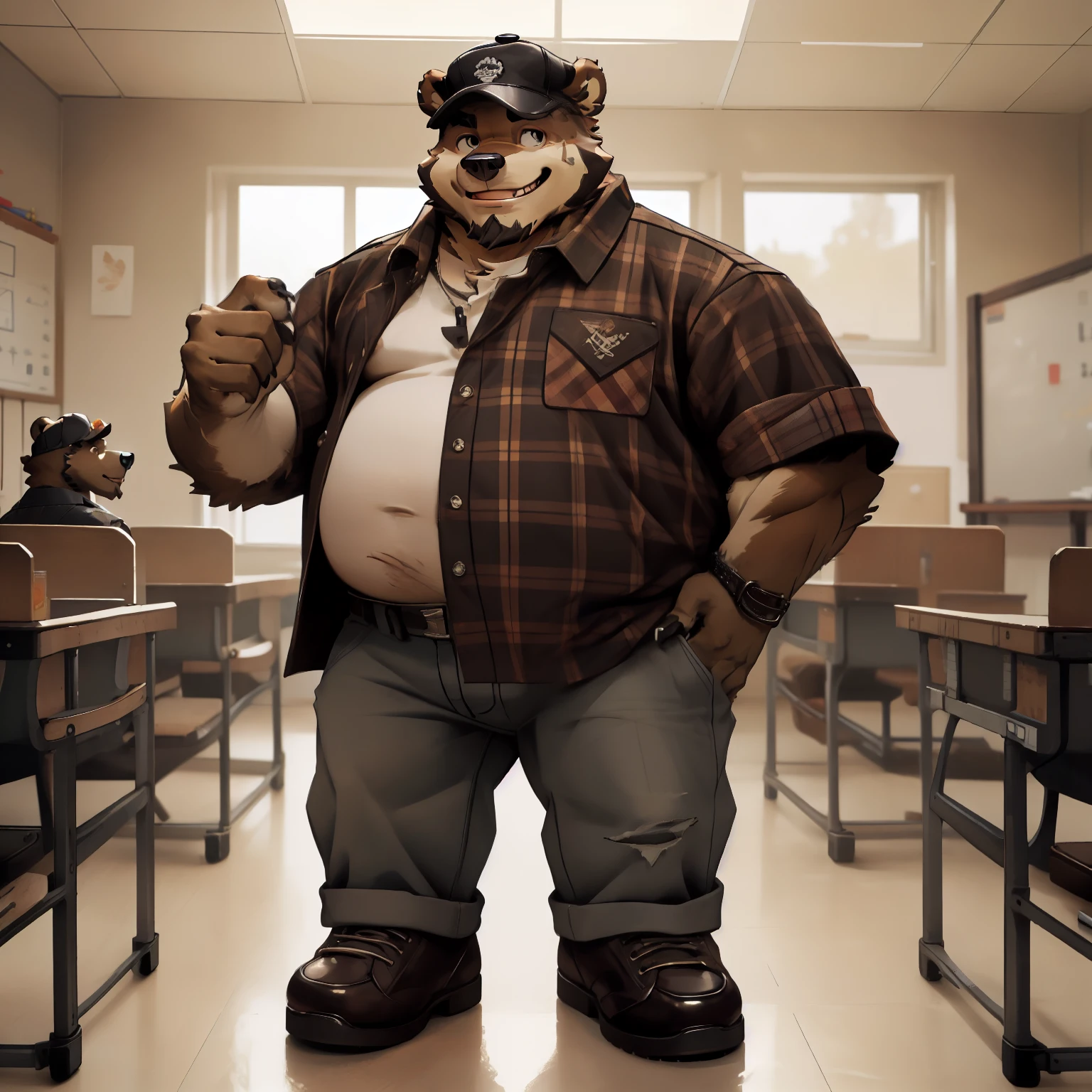 New Jersey 5 Hairy, Bear，Full body portrait of an individual, exquisite， chubby，thick arms，plush fur，front，peaked cap，plaid shirt，white lining，jeans，leather shoes，classroom，stand，Smile