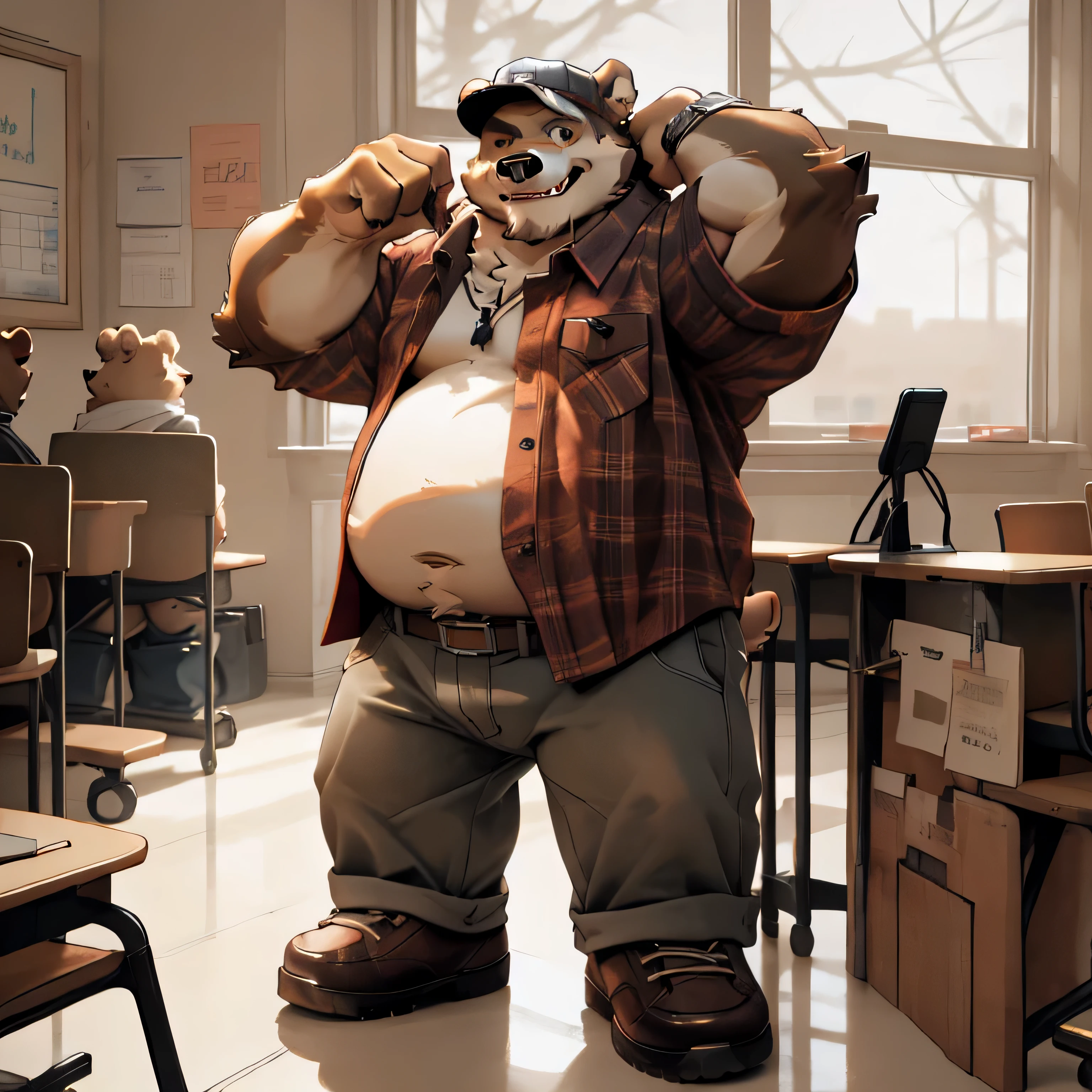 New Jersey 5 Hairy, Bear，Full body portrait of an individual, exquisite， chubby，thick arms，plush fur，front，peaked cap，plaid shirt，white lining，jeans，leather shoes，classroom，stand，Smile