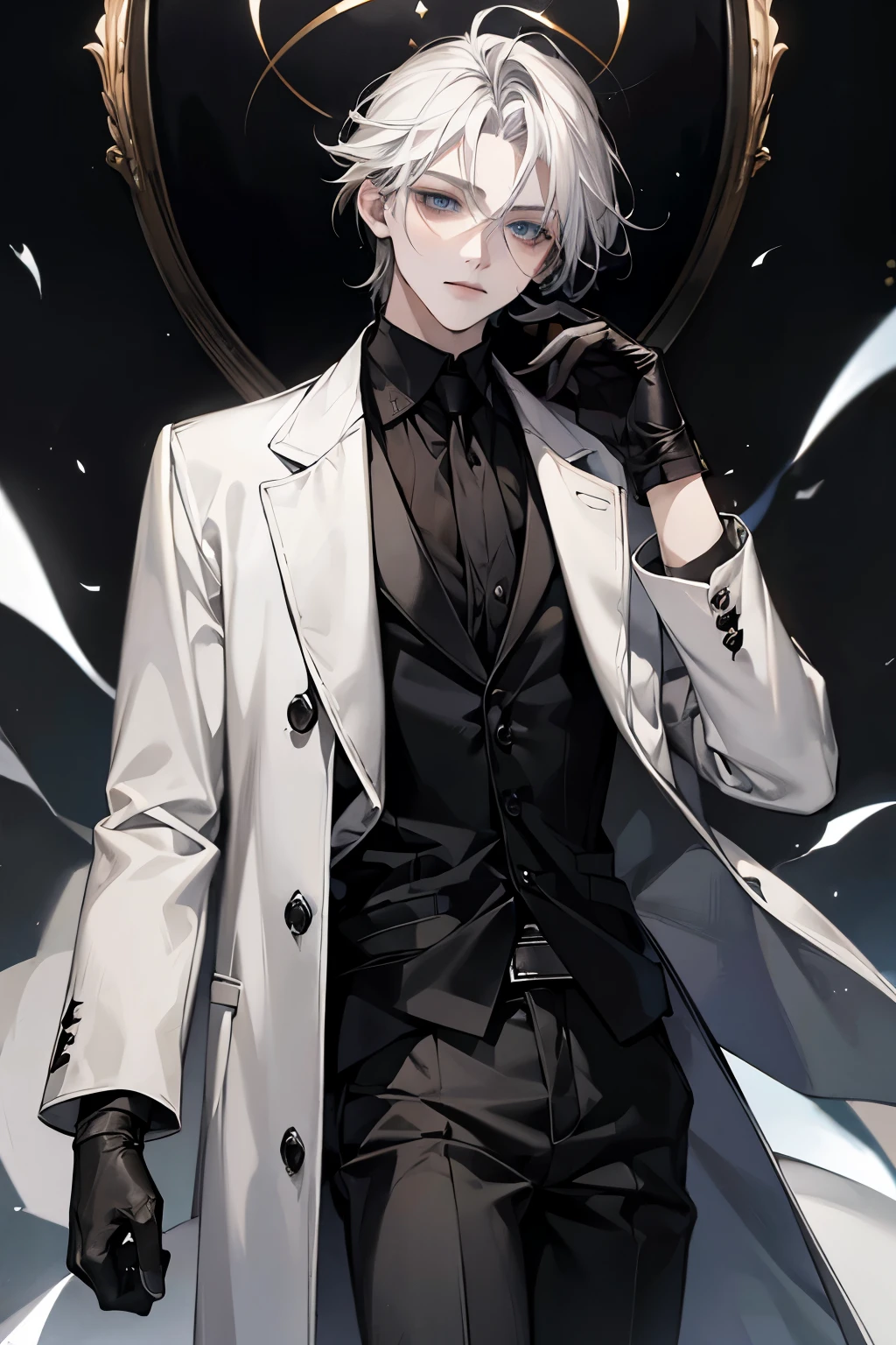 Masterpiece, best quality, solo, male, mafia, black shirt, white pant, black gloves, white coat, medium hair, gray hair, light blue eyes