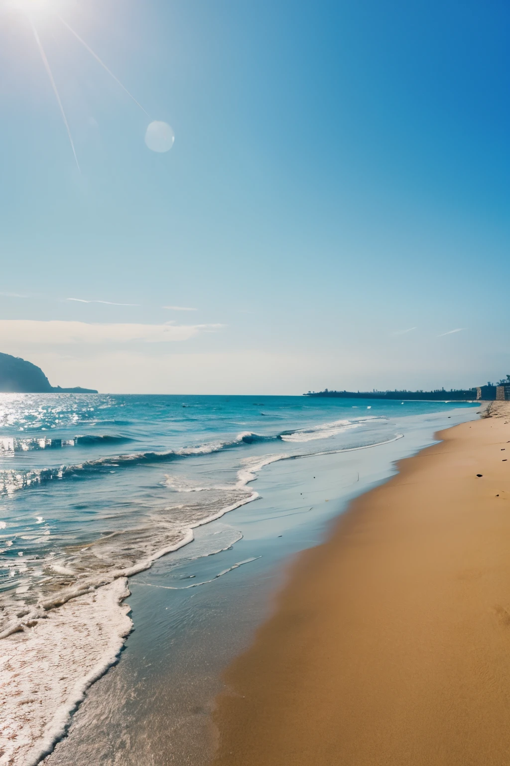 Ocean,sandy beach,Light of the sun,blue sky,Baiyun。