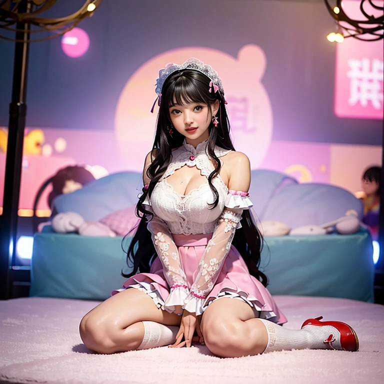 best quality, masterpiece, lifelike, 1 girl, alone, eternal, black hair, Long curly hair, blunt bangs, Smile, pink skirt, pink lolita dress, layered skirt, Lolita style long skirt,分層連衣裙 lace-trimmed 裙子, decorate, lace, long sleeve, puff sleeves, wide sleeves, Transparent sleeves, hair accessories, 在flower园里, flower, Detailed background,  delicate face，pink blush，white及膝襪, Pink shoes，cold，Lots of lace，((​masterpiece))、(top quality)、8K、high detail、super detailed、 21 years old female，穿着pink lolita dress((dreamy atmosphere:1.1))、Seductive and whimsical style、​masterpiece、born、Scenes resembling fairy tale illustrations、intricate details展示了洛丽塔礼服的荷叶边和复杂的设计、capricious、 beautifully、Dream aesthetics、「𝓡𝓸𝓶𝓪𝓷𝓽𝓲𝓬、ethereal、charming、fickle、magic」、realism、Visual effect、FXAA、SSAO、shader、voiceless、ambient lighting、Tone mapping、High resolution、ultra high definition、megapixel、(8K resolution:1.10)、8K、8K resolution、high detail、intricate details、 (high quality:1.2、​masterpiece:1.2、:1.21)、(21 years old female:1.21)、(興奮地Smile)、(Surrounded by the dreamy atmosphere of an amusement par色洛丽塔连衣裙、Her eyes were full of surprise and joy、I took a lot of geek photos、High heel、Model diagram，full-body shot，Knee-high white的 lace socks,Sweet Lolita，Normal 2 feet，Pink shoes，Baotou shoes，full-body shot，不要exposed你的手指，Emphasize the volume of the skirt，exposed，huge breasts，white,The skirt flew up，spread your legs，low cut，Expose panties，hair accessories，big skirt dress，Looking up diagonally, I can see my underwear.