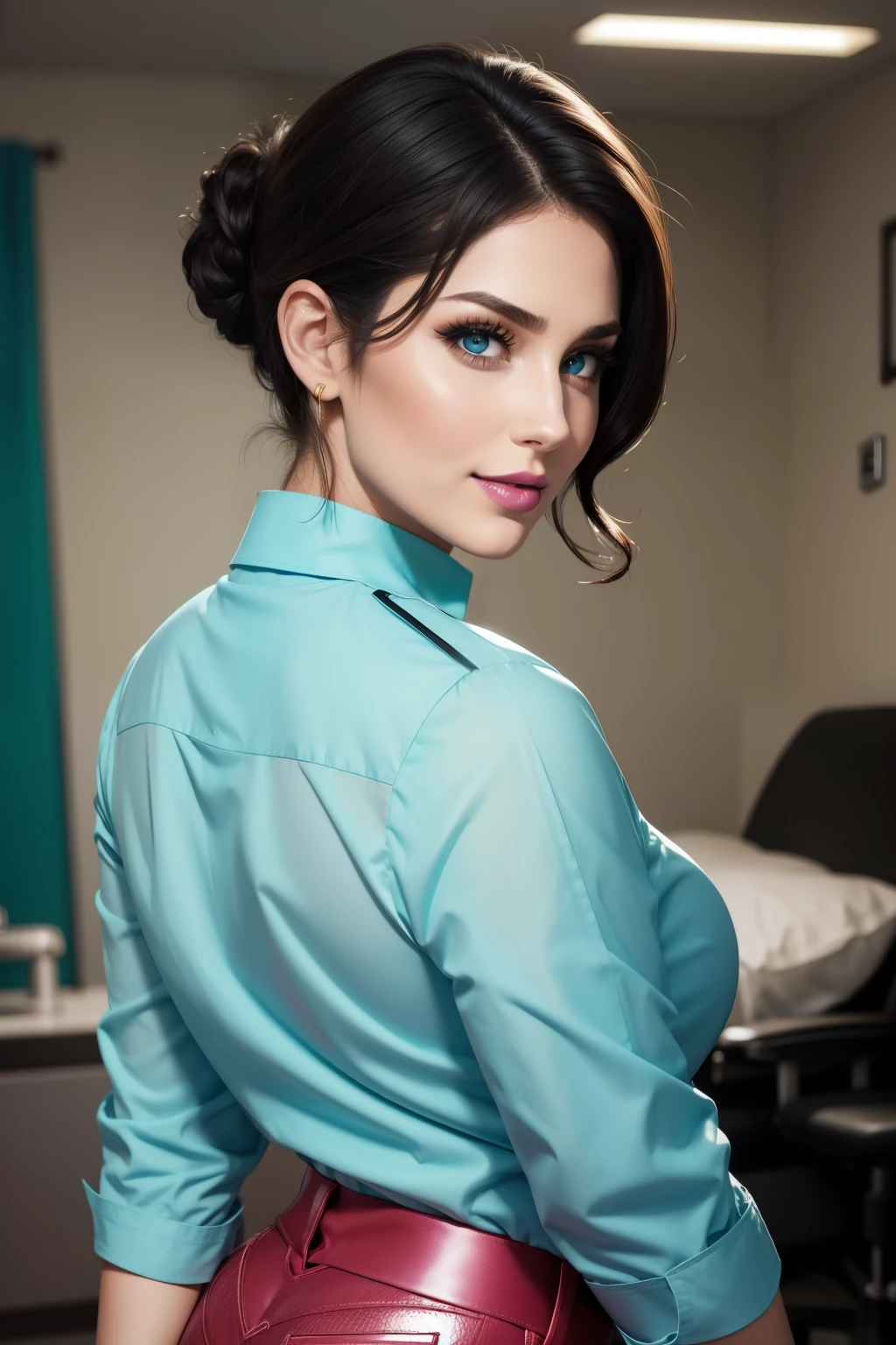 ((bright lipstick)), short hair, black hair, hair tied in a chignon, hairstyle, button-down blouse, blouse medical, turquoise blouse, medical pants, turquoise pants, nurse, back, beautiful buttocks
Lucy Pinder, face portrait, beautiful face, smiling, voluptuous woman, ((very intense makeup)), ((bright lipstick)), wonder woman, posing